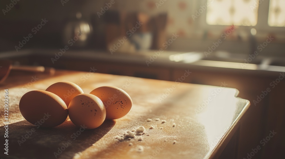 Poster Fresh farm eggs arranged on a rustic kitchen table with soft natural lighting and ample copy space for culinary themes and recipes