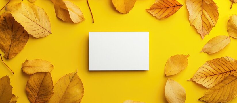 Minimalist Business Card Mockup on Yellow Background Surrounded by Autumn Leaves Featuring Empty Space for Custom Text and Branding