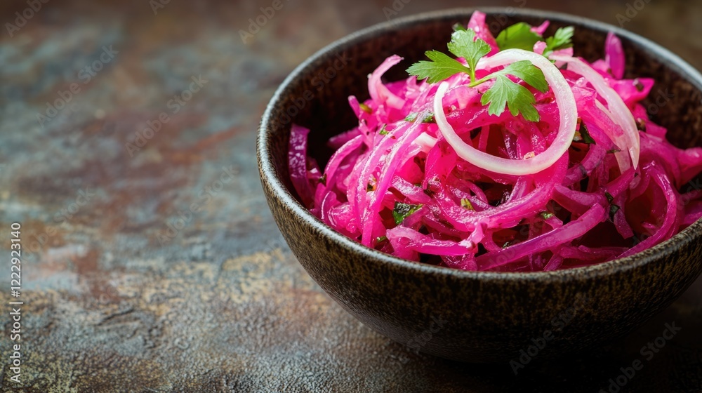 Poster freshly prepared pickled onion salad in a rustic bowl with vibrant colors and empty space for culina
