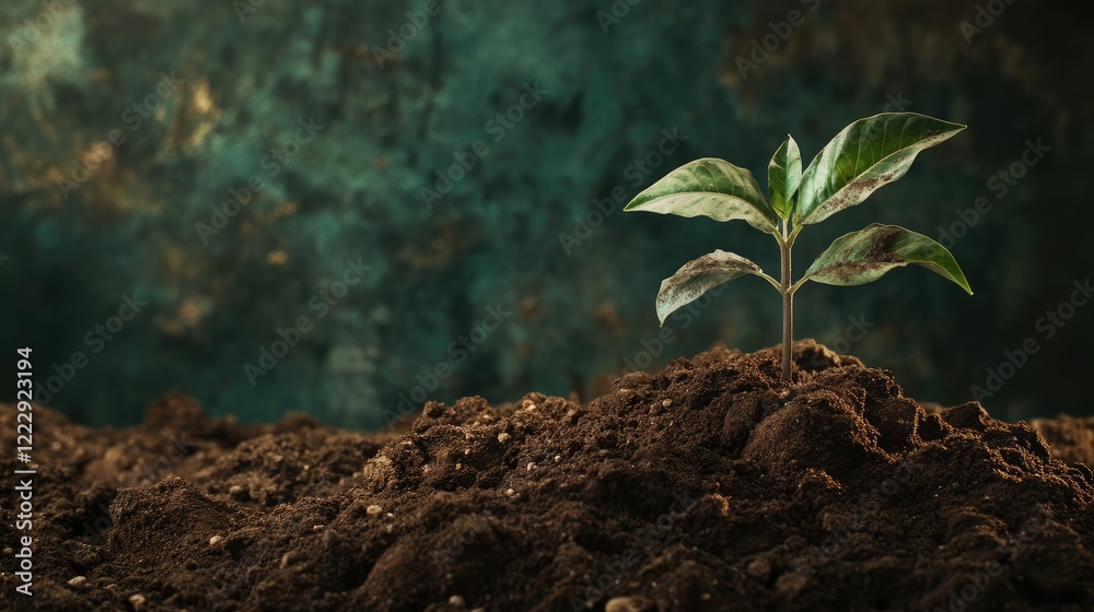 Poster close up of a young green plant emerging from rich soil against a textured background with space for