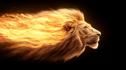 Naklejka premium Fiery lion spirit abstract visuals dynamic imagery dark background side view strength and power concept
