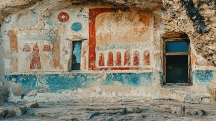 Cracked wall showcasing prehistoric cave art with glass windows creating a unique artistic wallpaper and inviting text space.