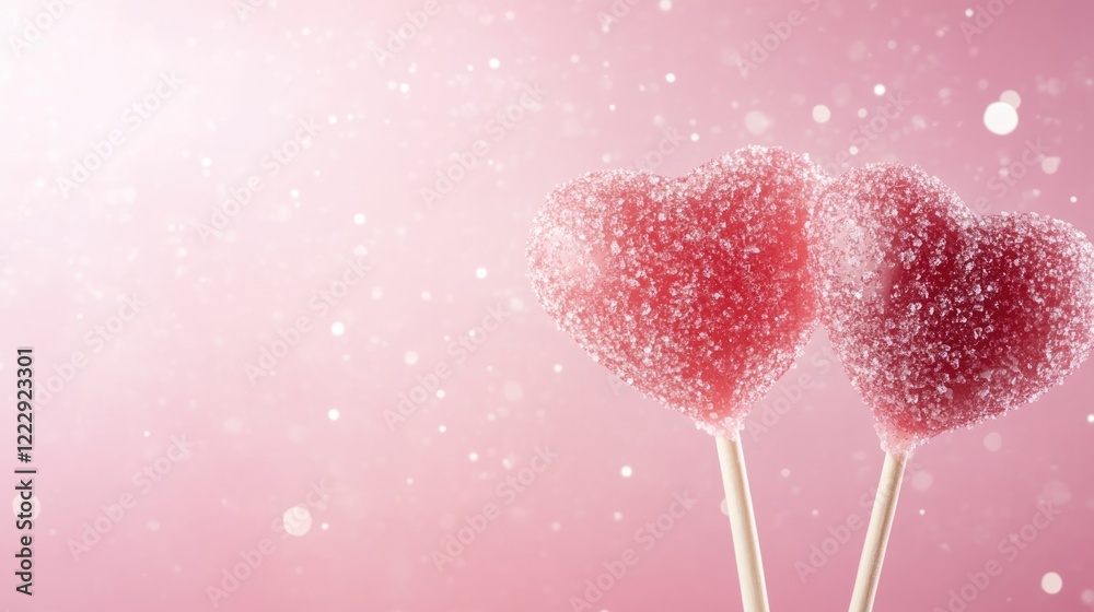 Aufkleber Heart-shaped lollipops on sticks with a sparkling pink background and empty space for text in a romantic or festive design concept