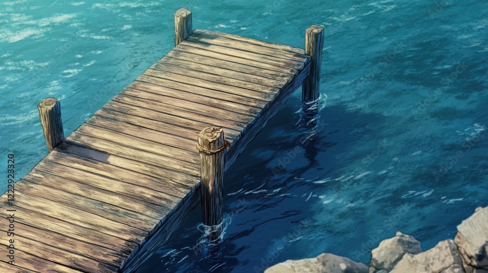 Aufkleber Close up of a rustic wooden dock extending into clear water with ample copy space for text and branding opportunities