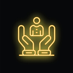 Yellow neon icon illustrating hands protecting a businessman, symbolizing customer care and retention