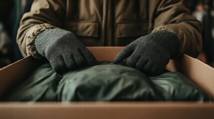 A focused individual prepares a box of clothing with careful attention, emphasizing generosity and the human spirit in aiding those in need during tough times.