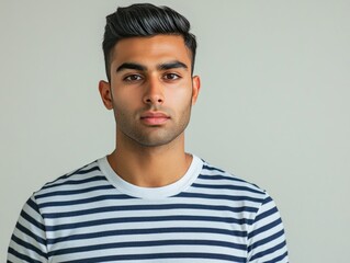 Fototapeta premium Man in Striped T-Shirt Looking Directly