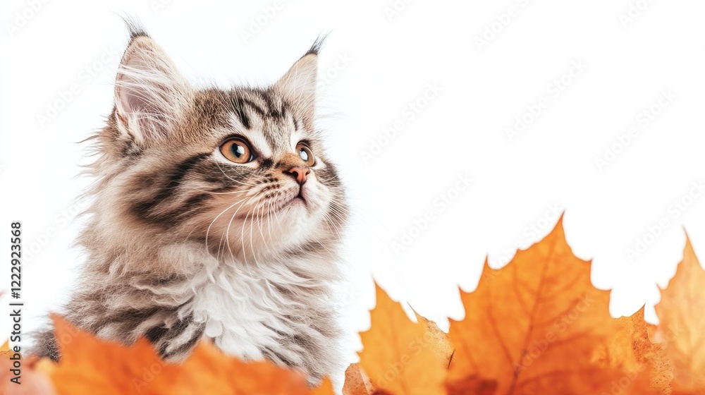 Poster fluffy kitten surrounded by vibrant autumn leaves with blank space for text or design elements in a 