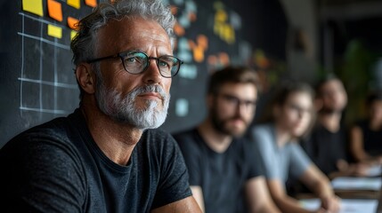 Fototapeta premium Thoughtful older man in a creative meeting with colleagues at work
