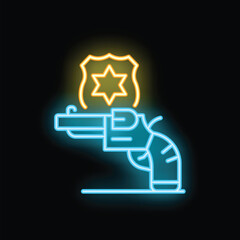 Glowing neon line police badge with star of david over revolver icon isolated on black background. Vector illustration