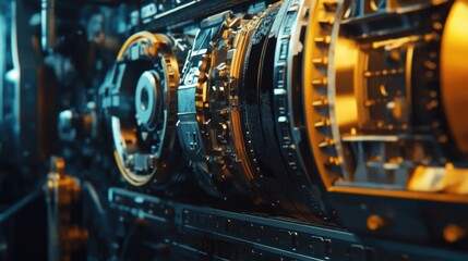 Advanced mining machinery close-up showcasing intricate control systems and detailed engineering in an underground environment with copy space.