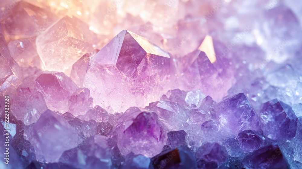Poster abstract close-up of vibrant purple and pink crystal formations with intricate textures and soft lig