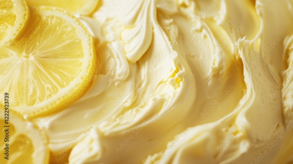 Poster Lemon cake close up with creamy frosting and lemon slices offering ample blank space for personalized text or advertising messages