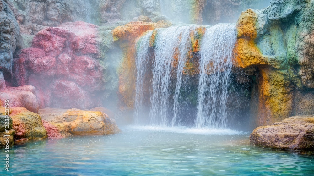 Poster Vibrant waterfall cascading over colorful rocks with mist creating a serene atmosphere perfect for adding personalized text or messages