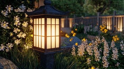 Tranquil Garden Scene with Lantern Illuminated by Soft Glow Surrounded by Blossoms and Lush Greenery at Twilight Hour
