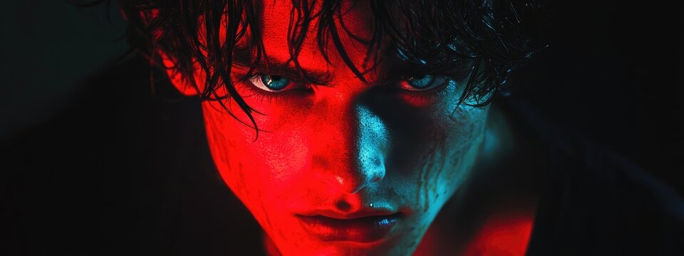 Intense portrait of a young man illuminated in red light with striking blue eyes and tousled hair against a dramatic dark backdrop