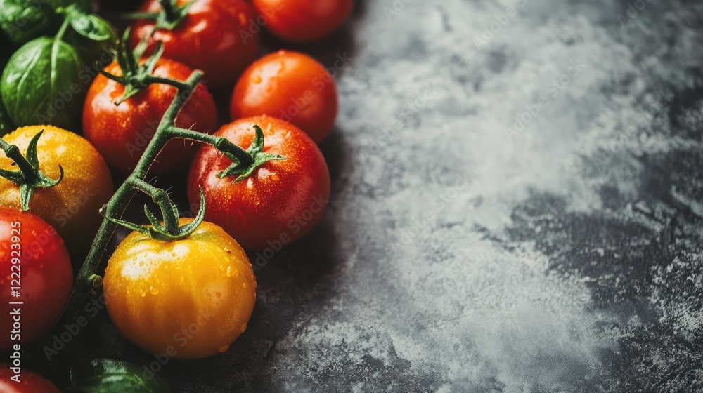 Poster Aromatic ripe tomatoes arranged on a textured surface with empty space for design or text ideal for recipes or culinary promotions