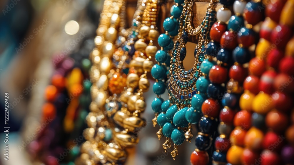 Poster colorful jewelry collection displayed in store with blurred background and empty space for text adve