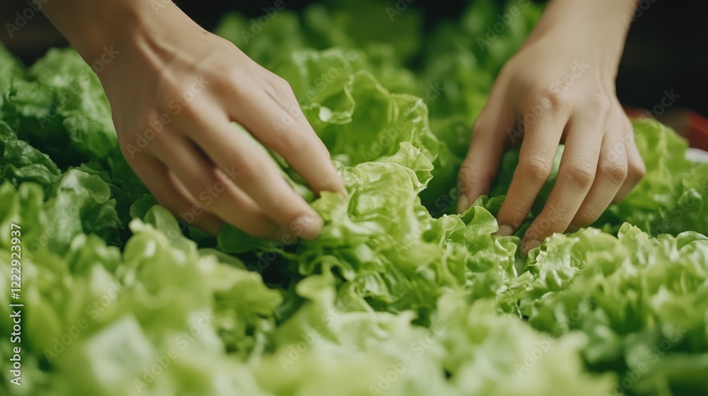 Aufkleber Hands carefully sorting freshly harvested green lettuce leaves with abundant empty space for text and design elements.