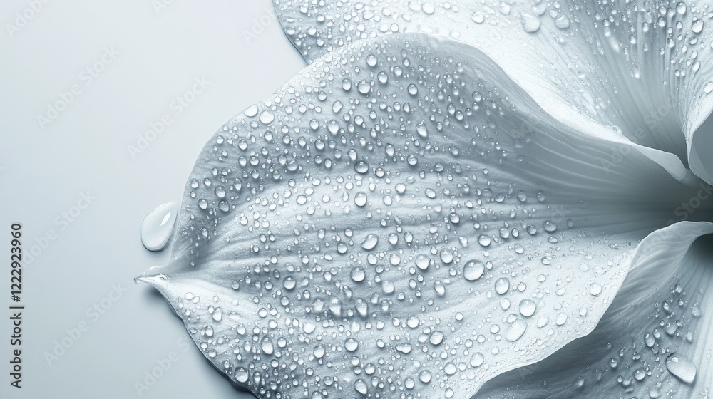 Poster monochrome close up of white arum lily petals with raindrops and empty space for text for elegant de