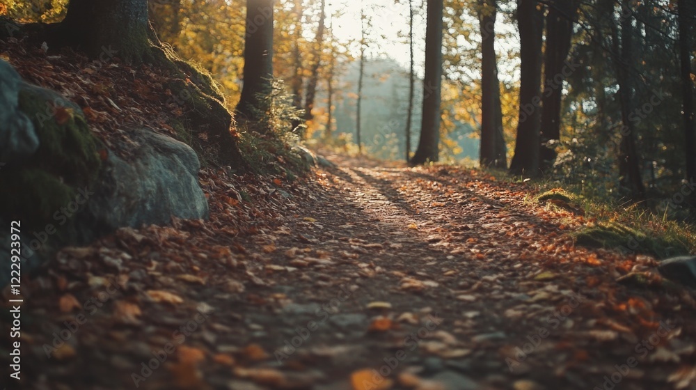 Aufkleber autumn forest trail illuminated by sunlight with colorful leaves and room for text in nature backgro