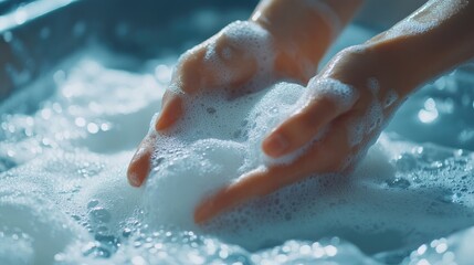 Hands washing linen in soapy bubbles showcasing cleanliness hygiene and laundry process with space for text in a household setting