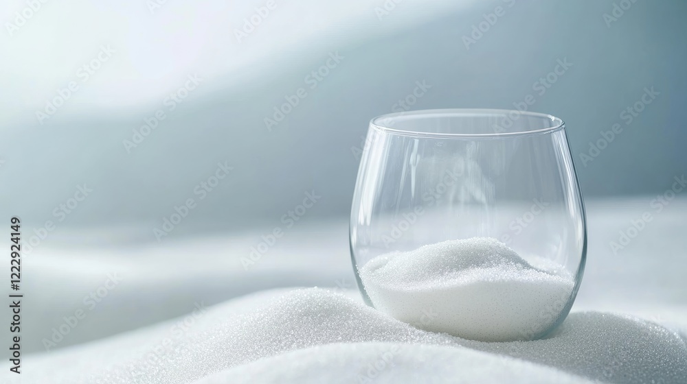 Poster Close up of a glass containing white sand set on a soft textured background with ample space for text or overlays
