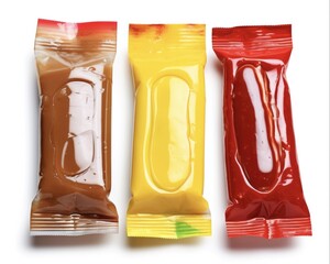 Assorted Condiment Packets Isolated on White Background - Ketchup, Mustard, Relish, and More - Plastic Packets for Added Flavor