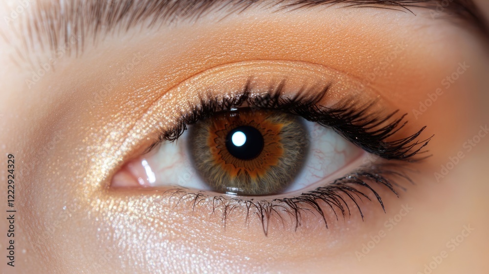 Poster Close up of a detailed human eye highlighting the iris and pupil with a soft focus on the eyelid and empty space for text overlay