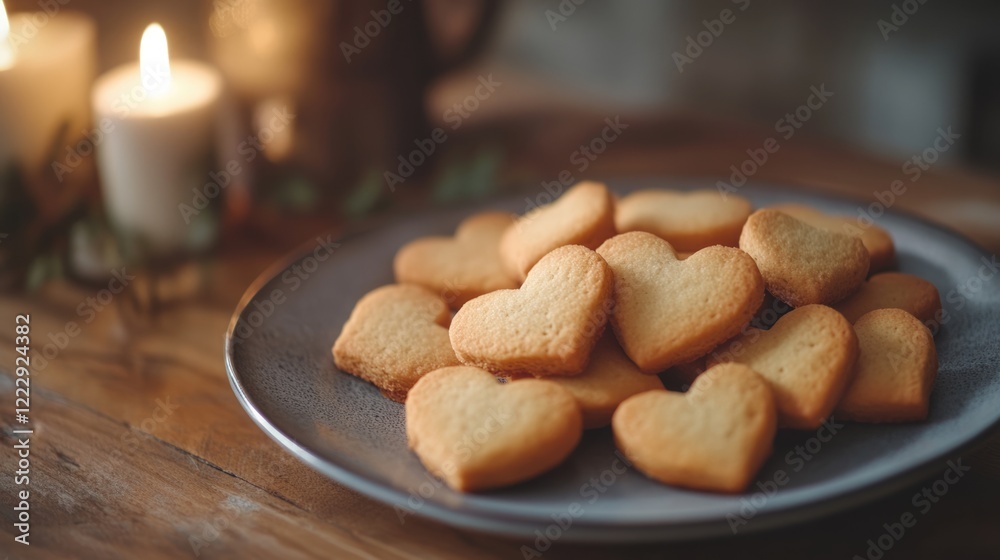 Poster Heart shaped biscuits on a rustic plate with warm candlelight creating an inviting atmosphere and ample space for your text or design