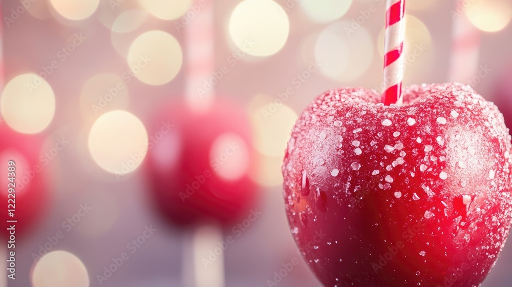 Poster festive close up of glossy red candy apples with striped sticks and bokeh background ideal for holid