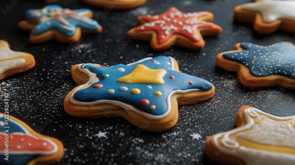 Poster decorative star-shaped christmas cookies on a dark background with space for text and festive holida