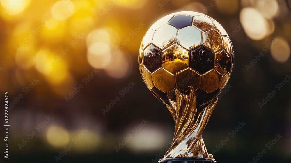 Poster gleaming soccer trophy with gold accents against a blurred background showcasing empty space for pro