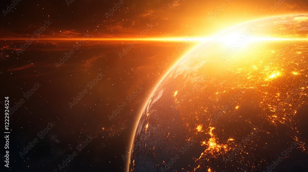 Poster Illuminated globe showcasing bright sunrise with cosmic background and ample space available for adding custom text or graphics
