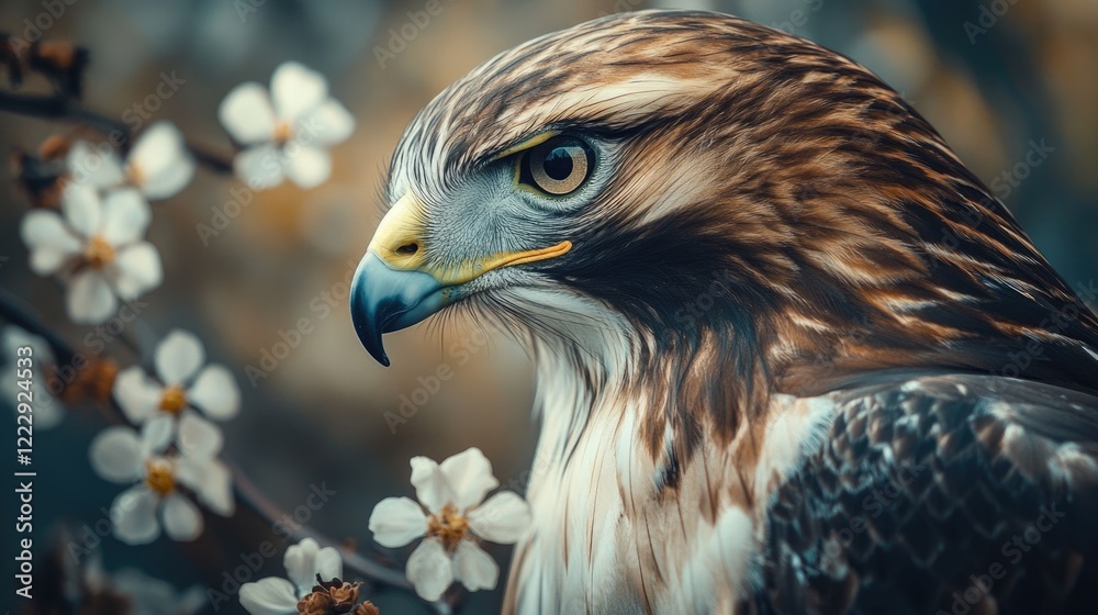 Poster majestic hawk portrait with delicate floral accents and ample copy space for text display or brandin