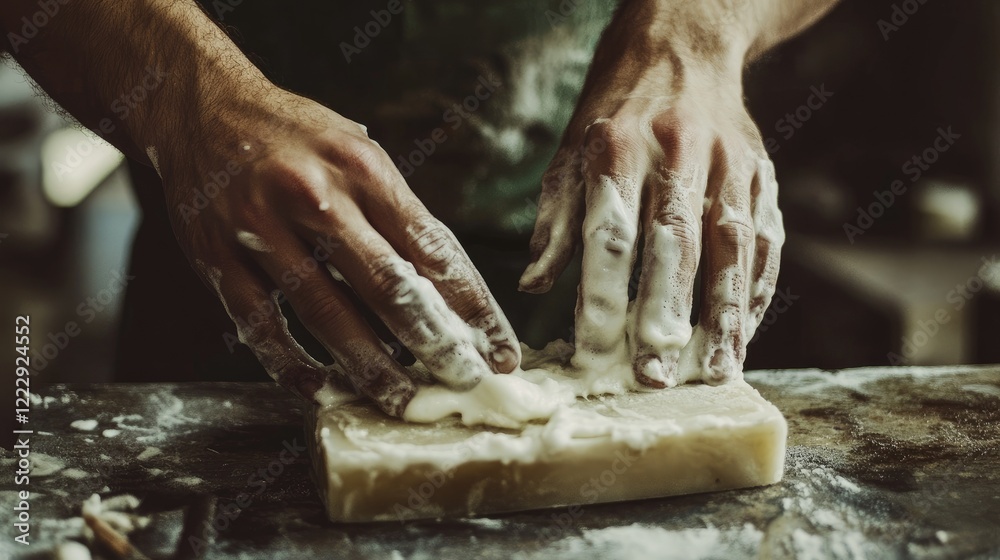 Poster Hands shaping lathered soap on a wooden surface with ample empty space for text or branding in a creative artisanal setting
