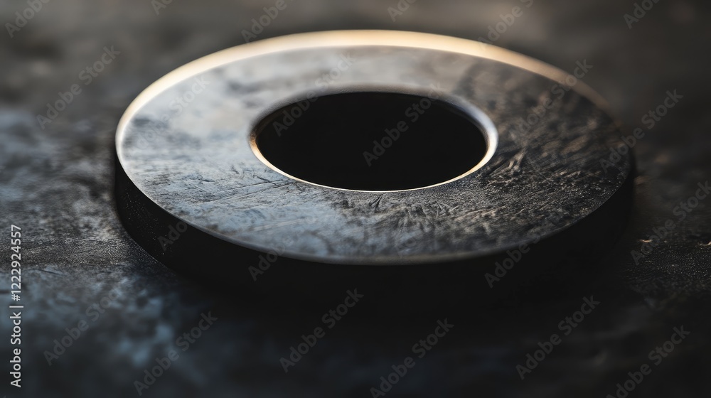 Aufkleber Close up of a textured metallic half ring with a central hole and ample space for text on a dark surface background