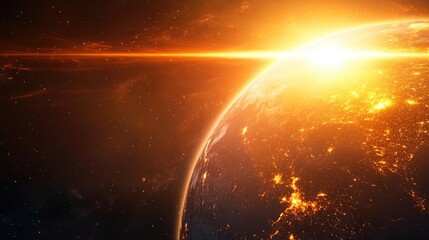 Illuminated globe showcasing bright sunrise with cosmic background and ample space available for adding custom text or graphics