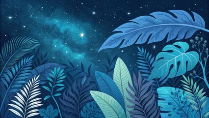 Fototapeta premium Night Sky Dreams: A whimsical night sky scene with a mesmerizing galaxy and shining stars, adorned with lush tropical foliage in a beautiful blue and green color palette. 