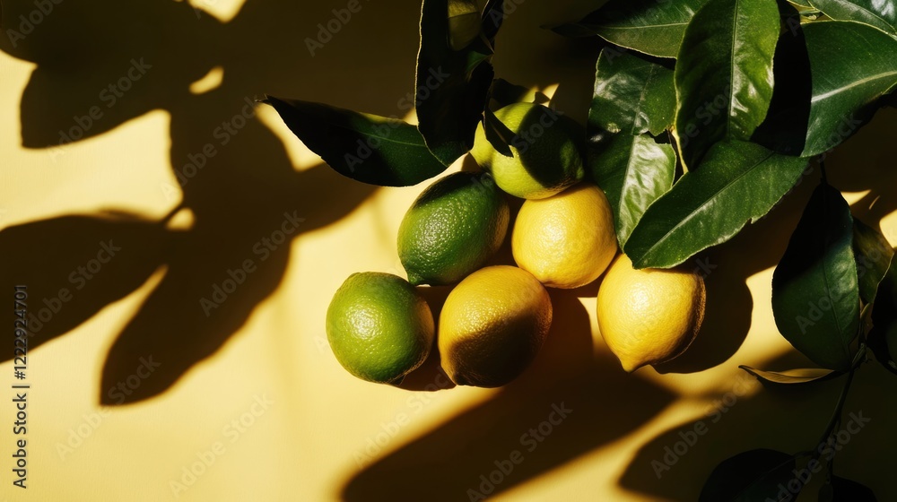 Poster close up of vibrant yellow lemons and green limes surrounded by leaves with soft shadows and empty s