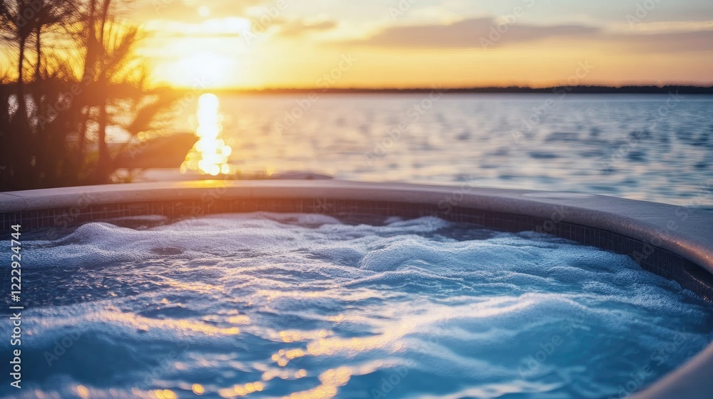 Poster Serene sunset over home pool by waterfront with bubbles creating a tranquil atmosphere and ample empty space for text or overlay design