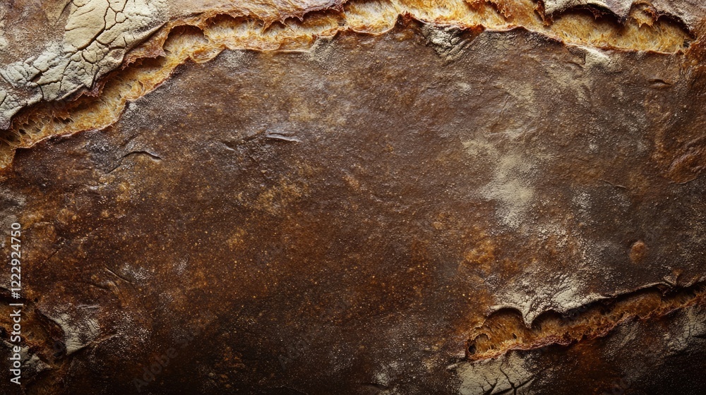 Poster close up of rustic homemade sourdough bread crust highlighting texture with blank space for text or 