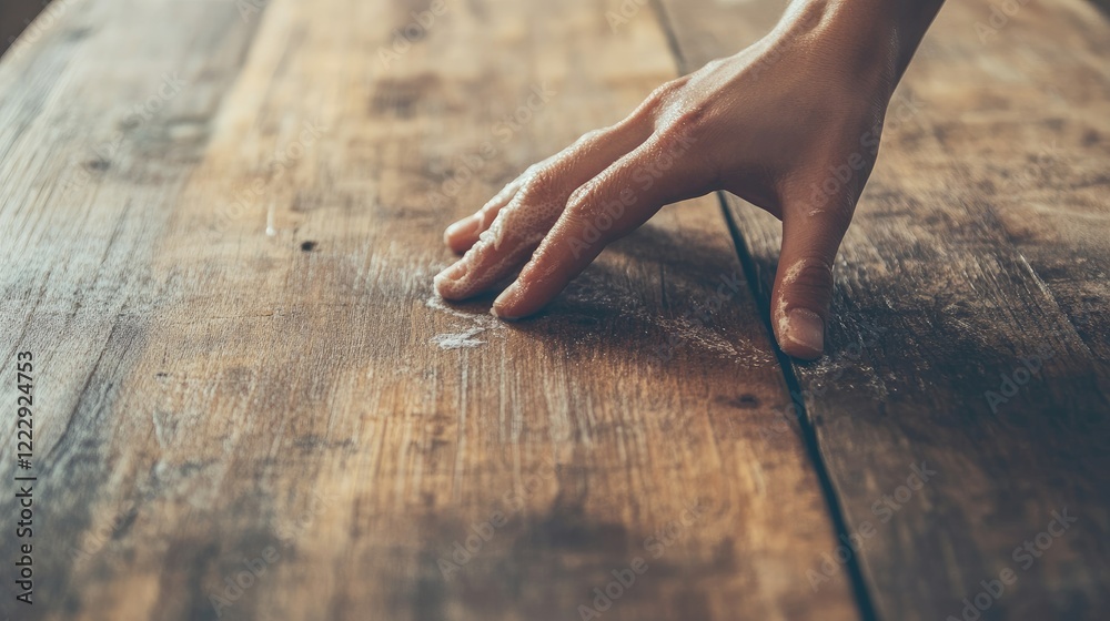 Poster Hand gently cleaning a rustic wooden table with an emphasis on texture and empty space for customizable text or branding elements