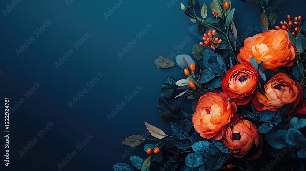 Poster elegant floral composition featuring orange and dark blue blooms with ample negative space for text 