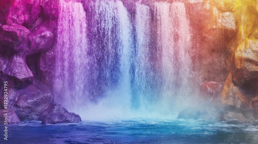 Poster Vibrant waterfall cascading over rocks with mist creating a serene atmosphere and ample space for text or branding in a colorful setting