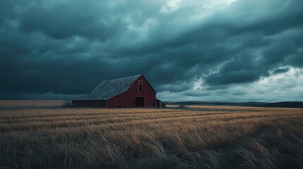 Dramatic agricultural landscape featuring a rustic barn amidst golden wheat fields under a moody sky with ample blank space for text placement