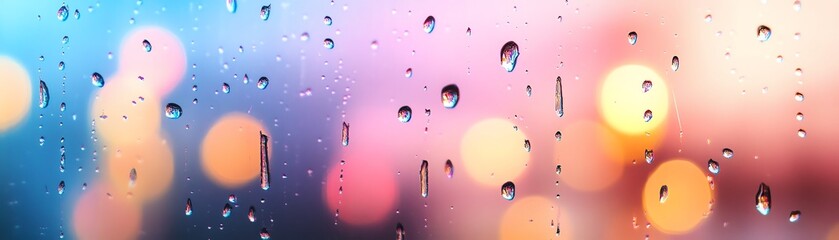 Colorful bokeh lights blurred behind raindrops on glass create a vibrant, dreamy effect.
