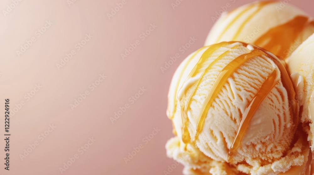 Poster close up of creamy ice cream with rich caramel drizzle against a soft pastel background ideal for pr