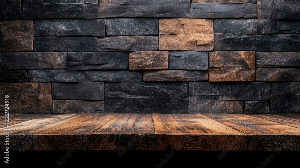 Poster Stone wall and wooden planks background with empty space for text showcasing a rustic and textured design ideal for presentations and advertisements
