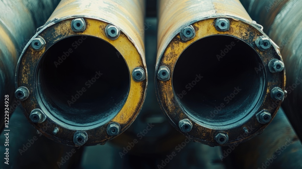 Poster close up of two weathered industrial metallic pipes showcasing texture and detail with ample space f